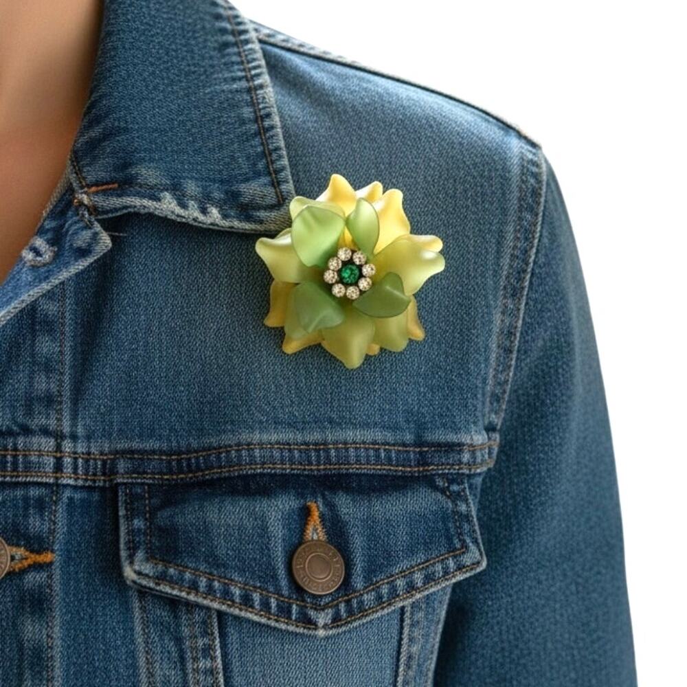 Vintage 70s Floral Brooch | Satin Acrylic Green Yellow Rhinestone
